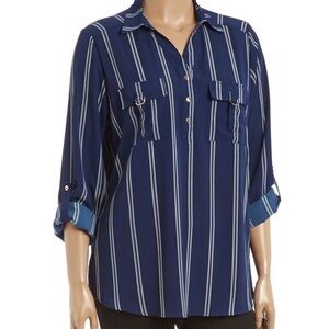 MINE Pinstripe Button Down Blouse With Adjustable Sleeve Length Navy Blue Size M